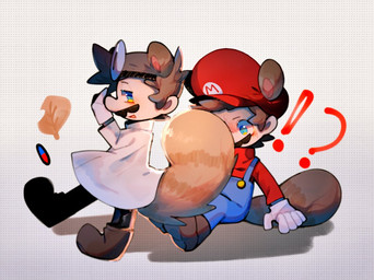 3_ears 5_fingers bent_arm black_bottomwear black_clothing black_pants blue_eyes bottomwear brown_clothing brown_footwear brown_hair brown_shoes brown_stripes brown_tail button_(fastener) clothed clothed_humanoid clothed_male clothing doctor dotted_background drugs duo exclamation_point fingers fluffy fluffy_tail footwear fully_clothed fully_clothed_humanoid fully_clothed_male gloves hair handwear hat head_mirror headgear headwear leaf lidded_eyes light looking_at_another looking_at_tail looking_back looking_back_at_another male male_humanoid markings medical_instrument on_one_leg pants pattern_background pills pupils question_mark red_clothing red_hat red_headwear red_inner_ear red_shirt red_topwear scientific_instrument shirt shoes short_hair simple_background sitting slit_pupils smile smiling_at_another standing striped_markings striped_tail stripes surprised tail tail_markings tan_body tan_skin thin_eyebrows topwear two_tone_tail white_clothing white_gloves white_handwear white_lab_coat renballball dr._mario_(series) mario_bros nintendo dr._mario_(character) mario animal_humanoid canid canid_humanoid canine canine_humanoid humanoid mammal mammal_humanoid tailed_humanoid tanuki_humanoid 2022 chinese_description colored digital_drawing_(artwork) digital_media_(artwork) lighting shaded