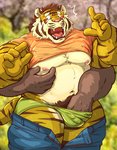 anthro belly blush bottomwear brown_body brown_fur clothed clothing duo fur grope humanoid_hands kemono male moobs nipples open_clothing open_shirt open_topwear outside overweight overweight_male pants pink_nose shirt solo_focus topwear underwear raichoclub felid mammal pantherine tiger 2020 hi_res