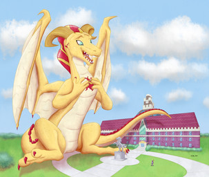 alternate_species building cloud duo feral hair macro membrane_(anatomy) membranous_wings plant school sculpture shrub statue tail wings evan555alpha tsitra360 equestria_girls friendship_is_magic hasbro my_little_pony mythology sunset_shimmer_(eg) twilight_sparkle_(mlp) dragon humanoid inanimate_object mythological_creature mythological_scalie scalie absurd_res hi_res