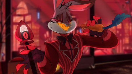 anthro bow_tie carrot city city_background clothed clothing detailed_background eyewear food gloves handwear holding_carrot holding_food holding_object holding_staff holding_vegetable inside male monocle plant red_clothing red_eyes red_sclera red_topwear sharp_teeth smile solo staff teeth topwear urban vegetable yellow_teeth moondolldreeams hazbin_hotel hellaverse looney_tunes warner_brothers alastor_(hazbin_hotel) bugs_bunny lagomorph leporid mammal rabbit 16:9 2025 4k absurd_res hi_res signature widescreen