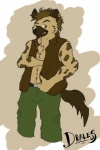 anthro belt bottomwear brown_body brown_fur claws clothed clothing fangs fur hair male pants simple_background solo teeth topwear vest drales turles hyena mammal spotted_hyena 2:3