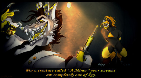 anthro bound chain chained duo female machine medical_instrument medical_syringe scientific_instrument syringe torture 221sherlockhomo beauty_of_the_bass_(character) demon hyena mammal