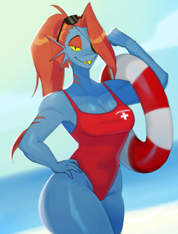 5_fingers beach blue_body blue_skin breasts clothing collarbone eye_patch eyewear eyewear_on_head female fingers glistening glistening_body glistening_thighs hair hand_on_hip life_ring lifeguard lifeguard_swimsuit one-piece_swimsuit ponytail red_hair sharp_teeth smile solo sunglasses sunglasses_on_head swim_ring swimwear teeth yellow_eyes newsigridzboonx undertale_(series) undyne animal_humanoid fish fish_humanoid humanoid marine marine_humanoid 2025 hi_res