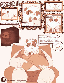 abdominal_bulge angry belly chasing clothed clothed_male clothing forced frames housekeeping internal male mawplay micro motion_onomatopoeia onomatopoeia open_mouth overweight predator/prey rubbing sitting size_difference sound_effects speech_bubble struggling struggling_prey suit swallowing teeth text thief tired victorian vore that_j mihoyo zenless_zone_zero j_(imyourj) von_lycaon bear canid canine canis giant_panda mammal thiren wolf absurd_res english_text hi_res
