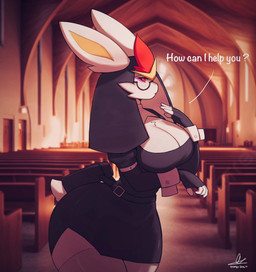anthro big_breasts breasts church cleavage clothed clothing dialogue eyewear female fingerless_gloves fur glasses gloves handwear inside legwear long_ears looking_at_viewer nun nun_habit nun_outfit religious_clothing solo stockings thick_thighs thigh_highs white_body white_fur wide_hips orangedog nintendo pokemon cinderace generation_8_pokemon lagomorph mammal pokemon_(species) hi_res