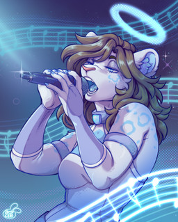 anthro blue_eyes blue_spots breasts brown_hair clothed clothed_anthro clothed_female clothing collar electronics female fur hair halo holding_microphone holding_object markings microphone multicolored_body multicolored_fur musical_note musical_symbol singing solo spots spotted_body spotted_fur symbol two_tone_body two_tone_fur white_body white_fur kidcub angelica_(ashkelling) felid mammal pantherine 2026 hi_res