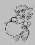 belly big_belly bottomwear breasts clothing denim denim_bottomwear denim_clothing denim_shorts ear_piercing female gloves hand_on_belly hand_on_hip handwear jewelry kerchief legwear navel necklace not_furry piercing pregnant pregnant_female shirt shorts simple_background sleeveless_shirt snaggle_tooth solo thigh_highs topwear torn_clothing funble goblin humanoid 2025 monochrome portrait sketch three-quarter_portrait