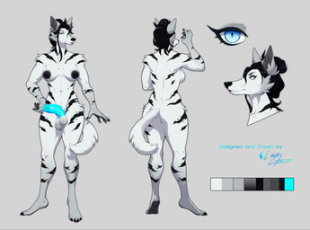 anthro arctic athletic balls big_breasts black_hair black_nipples black_nose blue_eyes blue_penis breasts butt cheek_tuft claws erection facial_tuft front_view fur genitals gradient_fur gynomorph hair hair_bun humanoid_genitalia humanoid_penis intersex nipples nude penis rear_view side_view smile solo standing striped_body stripes text tuft white_body white_fur emptylighter canid canine canis mammal wolf english_text hi_res model_sheet trans_(lore) trans_woman_(lore)