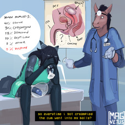 5_fingers anatomical_diagram anatomy_chart animal_genitalia animal_penis anthro biped black_body black_fur blue_body blue_bottomwear blue_clothing blue_fur blue_gloves blue_handwear blue_lab_coat blue_markings blue_pants blue_shirt blue_topwear bottomwear breasts brown_body brown_fur canine_genitalia canine_penis chart clothing coat cone_of_shame covering covering_face doctor dress dress_only duo examination_table fingers fur genitals gesture gloves gloves_(marking) green_clothing green_dress hand_gesture handwear head_mirror herm hospital_gown humanoid_hands humor intersex lab_coat latex latex_clothing latex_gloves latex_handwear leg_markings male markings medical_gloves medical_instrument name_tag pants penis question question_mark scientific_instrument scrubs shirt shrug socks_(marking) spermicidal_takeover standing stethoscope text topwear what white_sclera magnetus rixxie canid canine equid equine fox horse mammal 1:1 2026 artist_name digital_drawing_(artwork) digital_media_(artwork) english_text hi_res watermark
