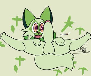 anthro balls big_penis cat_tail cigarette erection fangs feral fur genitals glans green_background green_balls green_body green_ears green_fur green_penis green_tail humanoid_genitalia humanoid_genitalia_on_feral humanoid_penis humanoid_penis_on_feral iris male open_mouth open_smile orange_eyes penis pink_glans pink_tongue pupils quadruped simple_background smile solo spread_legs spreading tail teeth tongue young young_feral young_male youfrasn nintendo pokemon felid feline generation_9_pokemon mammal pokemon_(species) sprigatito absurd_res hi_res signature