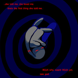 abstract_background ambiguous_gender ear_markings ellipsis eyes_closed feral floppy_ears grey_body long_ears lop_ears nude pattern_background red_eyes red_text simple_background solo spiral spiral_background text neuronmachine heartlovepowertemple rabbitmaiden_softworks rgb_paw iroja lagomorph leporid mammal rabbit venus_rabbit character_name english_text female_(lore)