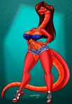 2017 anthro big_breasts bottomwear bra breasts brown_hair clothed clothing female footwear hair high_heeled_shoes high_heeled_sneakers high_heels jilo long_hair long_neck long_tail looking_at_viewer non-mammal_breasts reptile ruby_(nutjobgto) scalie shoes shorts signature simple_background snake sneakers solo tail thick_thighs underwear