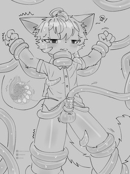 4_fingers animal_genitalia animal_penis anthro ball_growth balls balls_expansion bladder blush bodily_fluids cat_tail clothed clothing egg egg_in_balls egg_inflation egg_insertion erection expansion feline_genitalia feline_penis fingers fur genital_expansion genital_fluids genital_growth genitals growth hair infestation infesticles inside_balls male open_mouth organs oviposition ovipositor ovipositor_penis parasite penetration penile penile_spines penis prostate prostate_penetration restrained restrained_by_tentacles shocked simple_background solo surrendering swelling tail tentacle_in_balls tentacle_in_penis tentacle_ovipositor tentacle_penetration tentacles topwear urethra urethral urethral_penetration x-ray_view bikabe3m yobotaji_(bikabe3m) domestic_cat felid feline felis mammal hi_res monochrome