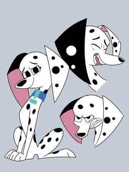 angry bared_teeth black_body black_fur black_spots blue_collar collar female feral floppy_ears fur happy heterochromatic_ears laugh markings pink_inner_ear smile solo spots spotted_body spotted_fur teeth toony white_body white_fur white_spots seisai1751 101_dalmatian_street 101_dalmatians disney delilah_(101_dalmatians) canid canine canis dalmatian domestic_dog mammal 3:4 hi_res