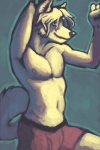 anthro blue_eyes boxer_briefs clothed clothing hair hand_behind_head male nipples pose raised_tail short_hair simple_background smile solo speedpaint tail teal_background topless underwear white_background white_hair ssirrus veil_heartwood arctic_wolf canid canine canis mammal wolf