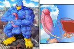 abs ambiguous_gender anthro balls beak biceps big_muscles blue_body blue_feathers blush bodily_fluids building city cock_vore cross_section cum erection feathers genital_fluids genitals group huge_muscles humanoid_genitalia humanoid_penis inside_penis internal macro male male/ambiguous male_focus masturbation multiple_prey muscular muscular_male penile penis precum prostate prostate_stimulation sitting sitting_on_building urethra vore mayar nintendo star_fox falco_lombardi avian bird absurd_res digital_media_(artwork) hi_res