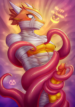 anthro arms_tied balls bdsm blue_eyes blush bondage bound cheek_tuft chest_tuft collar erection facial_tuft fully_bound fur gag gagged genitals hair hands_behind_back horn legs_tied logo male muffled multicolored_body multicolored_fur multicolored_scales mummification mummy_wrappings muscular muscular_anthro muscular_male nipples orange_body orange_eyes orange_fur orange_hair penis red_hair restrained restrained_by_tentacles restraints scales solo submissive submissive_anthro submissive_male tentacle_masturbation tentacle_on_nipple tentacle_on_penis tentacles text tuft yellow_balls yellow_body yellow_fur yellow_penis yellow_scales moire_dragon mythology moire_(moire_dragon) dragon furred_dragon furred_scalie mythological_creature mythological_scalie scalie wingless_dragon artist_logo english_text hi_res