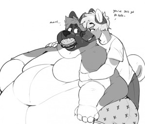 anthro belly belly_overhang big_belly big_butt bodily_fluids burger butt chubby_cheeks claws clothed clothing dialogue double_chin drooling duo feeding food fur hair hand_on_shoulder hug huge_belly huge_butt hugging_another hugging_from_behind hyper hyper_belly love_handles male male/male moobs morbidly_obese navel obese obese_male overweight overweight_male saliva smile squish text topless underwear weight_difference wide_hips okaeri akita canid canine canis domestic_dog mammal spitz english_text greyscale monochrome