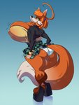 anthro big_breasts bottomwear breasts cleavage clothed clothing female huge_breasts looking_back nipple_outline panties skirt solo tail tail_under_skirt underwear spiralingstaircase canid canine fox mammal 3:4 digital_media_(artwork) hi_res