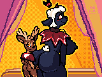 ambiguous_penetration anthro antlers big_breasts big_penis blush bottomless bottomless_female bottomless_male breast_jiggle breasts butt_jiggle clothed clothing curtains duo female genitals horn huge_penis jiggling larger_female larger_penetrated male male/female penetration penis size_difference smaller_male smile smug_grin tail vein veiny_penis langui cult_of_the_lamb massive_monster_(studio) lamb_(cult_of_the_lamb) red_crown_(cult_of_the_lamb) bovid caprine deer mammal sheep 4:3 animated digital_media_(artwork) dithering hi_res pixel_(artwork) pixel_animation