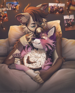 anthro bed bedroom cuddling duo furniture happy male male/male nuzzling smile smiling_at_another smiling_at_partner fiuefey hi_res