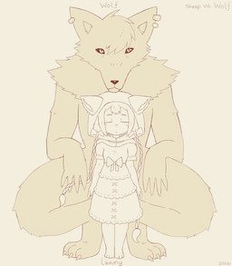 anthro bow_ribbon comparing crouching duo ear_piercing eyes_closed female hood large_male male male/female piercing pigtails size_difference smaller_female standing y0dare bovid canid canine canis caprine mammal sheep wolf hi_res sketch father_(lore) mother_(lore) parent_(lore)