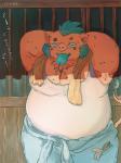 anthro belly bottomwear clothed clothing eyes_closed food fully_clothed male overweight overweight_anthro overweight_male pants popsicle sea_salt_ice_cream shirt solo text topwear buta5kawa hamuga86 lifewonders tokyo_afterschool_summoners ganglie_(tas) mammal suid suina sus_(pig) wild_boar 2019 hi_res japanese_text