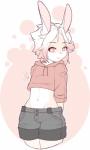 ambiguous_gender anthro blush bottomwear clothing crop_top midriff shirt shorts smile solo topwear junthebun lagomorph leporid mammal rabbit digital_media_(artwork) hi_res