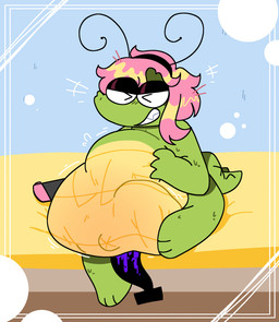 abdominal_bulge almost_fully_inside anthro anthro_pred anthro_prey bed belly big_belly blonde_highlights blue_border blush bodily_fluids border duo electronics eyes_closed fake_antennae female female_pred furniture game_console green_body grin hair highlights_(coloring) male male/female male_prey navel non-mammal_hair on_bed outie_navel pink_hair smile switch_console tail teeth unbirthing vaginal vore pawplants nintendo nintendo_switch marcy_(pawplants) veecee alligator alligatorid crocodilian reptile scalie void_fluff 2022 digital_media_(artwork) hi_res