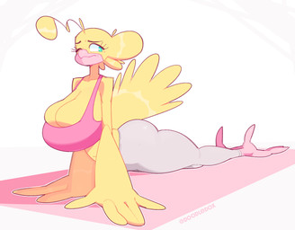 anthro barefoot beak big_breasts bottomwear bra breasts bulging_breasts cleavage clothed clothing feather_hands feathers feet female huge_breasts mature_female navel one_eye_closed pants pink_clothing pink_topwear sagging_breasts solo sports_bra tail tail_feathers teal_eyes tight_bottomwear tight_clothing topwear underwear white_bottomwear white_clothing yellow_body yellow_feathers yoga yoga_mat yoga_pants doodledox dee_(doodledox) avian bird canary finch oscine passerine