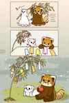 apple biped black_eyes black_nose brown_body chibi dot_eyes duo eating feral food fruit kemono plant running tanzaku text white_body written shi_nominmin tanabata ailurid mammal mustelid musteline red_panda stoat true_musteline weasel 2024 hi_res japanese_text