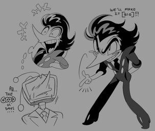 blush bodily_fluids clothed clothing crying duo earless electronics eyeless for_a_head grin hair male necktie not_furry open_mouth pointy_nose screen screen_face simple_background smile tears teeth television text thought_bubble toony roachgore deltarune undertale_(series) spamton_g._spamton tenna_(deltarune) addison_(deltarune) darkner humanoid object_head screen_head tv_head digital_media_(artwork) english_text monochrome