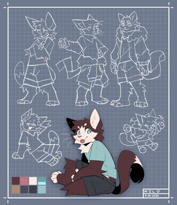 4_toes anthro barefoot blue_clothing blue_eyes blue_shirt blue_t-shirt blue_topwear blueprint_background bottomwear brown_body brown_fur clothed clothed_anthro clothed_male clothing feet fully_clothed fully_clothed_anthro fully_clothed_male fur grey_bottomwear grey_clothing grey_shorts jacket male multiple_poses pose shirt shorts sitting standing t-shirt toes topwear white_body white_fur brokesgone milo_(brokesgone) domestic_cat felid feline felis mammal 2025 absurd_res digital_drawing_(artwork) digital_media_(artwork) hi_res