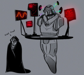 anthro armor bdsm black_clothing black_hood black_robe blindfold clothing duo glowing_text grey_background headgear helmet machine male male_anthro red_text restrained robe simple_background text melaisen robot 2023 absurd_res digital_drawing_(artwork) digital_media_(artwork) english_description english_text full-length_portrait hi_res partially_colored portrait