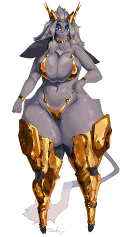 anthro antlers armor bikini bikini_only blue_eyes bracelet clothing eyebrows female fur gold_accessory gold_bikini golden_clothing greaves greaves_only grey_body grey_fur grey_nose hair hand_on_hip horn jewelry long_hair necklace pupils solo swimwear thick_eyebrows thigh_armor two-piece_swimsuit unusual_pupils yellow_bikini yellow_clothing yellow_swimwear sarifairy golden_week pseudoregalia sybil_(pseudoregalia) bovid caprine goat hybrid jackalope lagomorph mammal absurd_res hi_res