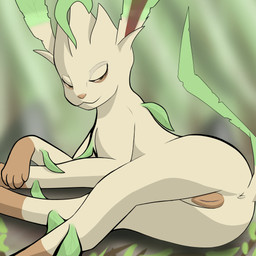 animal_genitalia animal_vulva anus bedroom_eyes big_ears big_eyes blurred_background branch butt canine_genitalia canine_vulva crossed_legs digitigrade female feral forest genitals humanoid_genitalia leaf leaf_ears leaf_on_head leaf_tail looking_at_viewer looking_back lying multicolored_body narrowed_eyes naughty_face paws plant pseudo_hair quadruped rear_view seductive snout solo tail three-quarter_view tree vulva nintendo pokemon canid canine eeveelution generation_4_pokemon leafeon mammal pokemon_(species) 1:1 absurd_res hi_res