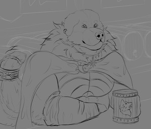 accessory alcohol anthro arm_tuft armor armwear barrel beer belly beverage biceps big_belly big_nose cheek_tuft clap cloak clothed clothing container cup ear_piercing ear_ring elbow_gloves elbow_tuft facial_tuft fingers fluffy fluffy_belly fluffy_tail fur furgonomics gloves hair handwear happy holding_container holding_cup holding_mug holding_object leaning leaning_forward liquid looking_at_viewer male medieval mouth_closed mug multicolored_body multicolored_fur muscular muscular_anthro muscular_male neck_tuft overweight overweight_anthro overweight_male partially_clothed pecs piercing png_file raised_tail relaxed_expression ring_piercing robe scar short_muzzle shoulders_back simple_background smile smiley_face solo tail tail_accessory tail_motion tailband tailwag tavern tavern_background text topwear tuft weapon henryfda bernese_mountain_dog canid canine canis domestic_dog mammal molosser mountain_dog swiss_mountain_dog 2026 absurd_res artist_name digital_drawing_(artwork) digital_media_(artwork) hi_res monochrome sketch unfinished