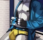abs absurd_res anthro bathrobe beverage blue_bathrobe blue_clothing blue_robe bulge canid canine clothing coffee coffee_cup container cup hi_res male mammal midnight_blue muscular muscular_anthro muscular_male nipple_piercing nipples nude nude_anthro piercing robe simple_background solo underwear