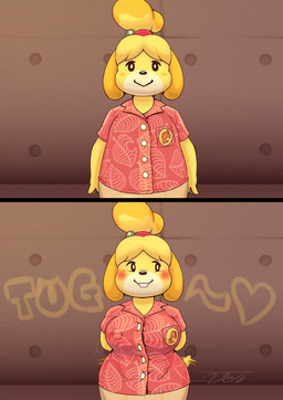 anthro blush clothing curvy_figure female looking_at_viewer nipple_outline oversized_clothing oversized_topwear solo tail tail_motion tailwag topwear tugging_clothing two_panel_image voluptuous voluptuous_anthro voluptuous_female thewill animal_crossing nintendo slightly_curvier_isabelle_mod isabelle_(animal_crossing) canid canine canis domestic_dog mammal 2026 comic hi_res
