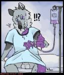 balls bulge front_view goo_transformation hospital_gown intravenous intravenous_bag male medical patient shocked sitting slime solo transformation conditional_dnp lustylamb canid canine canis goo_creature mammal wolf hi_res