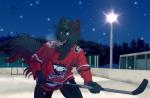 anthro black_body black_fur blue_eyes clothed clothing fur hockey hockey_stick ice male night skating snow solo sport chrysisi ahl charlotte_checkers alex_nighthound canid canine canis domestic_dog german_shepherd herding_dog mammal pastoral_dog 2019 hi_res