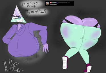 big_breasts big_butt breasts butt butt_cleavage clothing female for_a_head huge_breasts huge_butt leggings legwear panties solo through_wall underwear youtuber nailstrabbit iilluminaughtii humanoid object_head hi_res