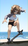 2023 anthro beach beach_background black_bottomwear black_clothing black_footwear black_shoes black_shorts blue_claws blue_eyes bottomwear bra breasts brown_hair canid canine canis claws cleavage clothed clothing colored domestic_dog ear_piercing ear_ring ear_stud english_text eyebrows female footwear fur grey_clothing grey_hoodie grey_topwear hair hi_res hoodie mammal meme meme_clothing navel nike open_mouth piercing ring_piercing shaded shoes short_hair shorts skate_shoes skateboard skateboard_trick skateboarding sky sneakers solo sports_bra spots tan_body tan_fur text tongue topwear twitter_hoodie underwear vehicle white_clothing white_topwear yoako