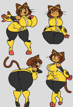 4_fingers anthro big_breasts big_butt boots breasts brown_ears brown_eyebrows brown_hair brown_tail butt circle_eyebrows clothed clothed_anthro clothed_female clothing curvy_figure eyebrows female female_anthro fingers footwear front_view fully_clothed fully_clothed_anthro fully_clothed_female hair huge_butt looking_back mouth_closed one_eye_closed open_mouth open_smile rear_view red_eyes shoes simple_background small_waist smile solo tail tan_body thick_thighs whiskers wide_hipped_anthro wide_hipped_female wide_hips yellow_boots yellow_clothing yellow_footwear dumbwitchyy gameoverse glitch_productions kit_bodega domestic_cat felid feline felis mammal 2026 digital_drawing_(artwork) digital_media_(artwork) hi_res