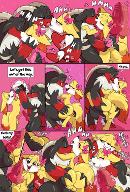 animal_genitalia animal_penis anthro balls balls_touching black_body black_fur canine_genitalia canine_penis clothed clothing crossdressing dialogue erection eyes_closed femboy feral french_kissing frottage fur genitals group hair horn kissing knot male male/male nude open_mouth penile penis penises_touching red_body sex simple_background smile speech_bubble tail talking_to_another ten_frame_image text tongue tongue_out trio tuft undressing_another white_body yellow_body yellow_fur fuf nintendo palworld pocketpair pokemon bovid bovine canid canine caprine fennekin generation_6_pokemon hybrid incineram mammal pal_(species) pokemon_(species) 2025 absurd_res colored comic digital_drawing_(artwork) digital_media_(artwork) english_text hi_res multiple_scenes shaded