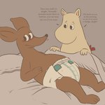 anthro bed blush clean_diaper clothed clothing dialogue diaper diaper_only duo female furniture lying male on_back simple_background text topless wearing_diaper wetness_indicator dinopalcooper abena the_moomins moominmamma sniff_(moomin) hybrid mammal moomin 1:1 digital_media_(artwork) english_text hi_res