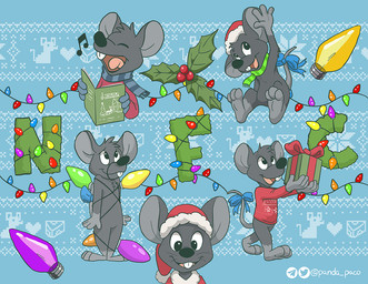 anthro black_nose bottomless christmas_clothing christmas_headwear clothed clothing entangled featureless_crotch front_view fur glistening glistening_eyes grey_body grey_fur hat head_tuft headgear headwear holidays male nude open_mouth open_smile pattern_background red_clothing red_hat red_headwear red_topwear santa_hat simple_background smile solo string_lights topwear tuft whiskers young young_anthro young_male pandapaco christmas mammal mouse murid murine rodent