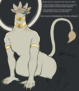 abdominal_bulge ambiguous_gender anthro butt claws dialogue duo ear_piercing ear_ring eyelashes female halo licking licking_lips long_neck macro markings multi_ear multi_eye nude pawpads piercing ring_piercing size_difference spots tail tail_tuft text tongue tongue_out tuft vore wide_hips furiquarter felid feline human hybrid mammal english_text hi_res