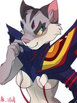 anthro blush breasts clothed clothing cosplay female fur green_eyes grey_body grey_fur simple_background skimpy solo white_background yellow_sclera akeela_wolf brawlhalla kill_la_kill studio_trigger asuri_(brawlhalla) ryuko_matoi felid feline mammal pantherine tiger absurd_res hi_res