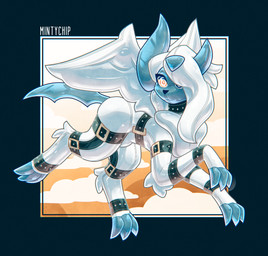 abstract_background bdsm blue_body blue_claws blue_skin blue_tail bondage bound claws clothing collar feral fluffy fluffy_chest glistening glistening_body glistening_latex hypnotic_eyes latex latex_clothing latex_skinsuit null null_bulge orange_eyes permanent sharp_tail skinsuit sky skyscape solo stuck tail tight_clothing white_body white_wings wings mintychipart nintendo pokemon rubbermon animate_inanimate generation_6_pokemon mega_absol mega_evolution pokemon_(species) 2026 digital_drawing_(artwork) digital_media_(artwork) hi_res krita_(artwork) shaded